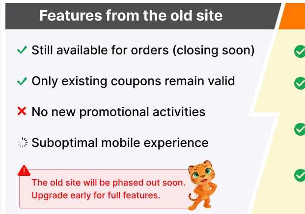 A column headed features from the old site, listing that orders are still available but closing soon, that only existing coupons remain valid, that no new promotional activities will run, and that the mobile experience is suboptimal, above a warning box.