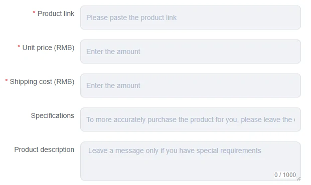 Left column of the order form showing required product link, unit price and shipping cost fields, then optional specifications and a product description box with a character counter.