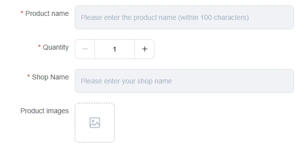 Right column of the order form showing a product name field, a quantity stepper, a shop name field and a product image upload area.