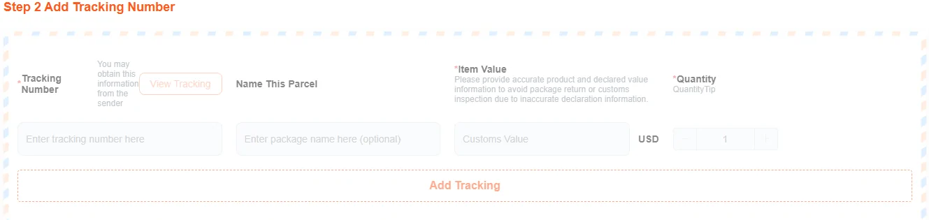 Forwarding step two showing a tracking number field with a view tracking button, an optional parcel name, a required item value in dollars and a quantity stepper, above an add tracking button.