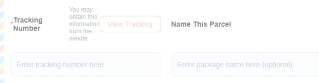 Tracking number field with a note saying the information may be obtained from the sender, a view tracking button, and a field for naming the parcel.