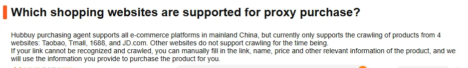 Help centre article explaining that the purchasing agent supports all mainland Chinese platforms but only crawls product data from four of them, and that other links must be filled in by hand.