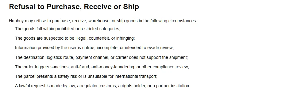 Help centre article listing the circumstances in which the agent may refuse to purchase, receive, warehouse or ship goods, running from prohibited categories through untrue information to lawful requests by authorities.