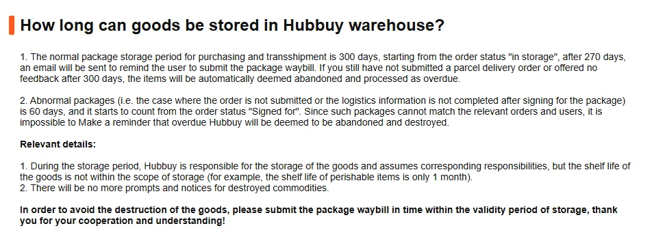 Help centre article on how long goods can be stored, setting out the main storage period, the reminder sent before it expires, the shorter period for packages with incomplete information, and the shelf life of perishable items.