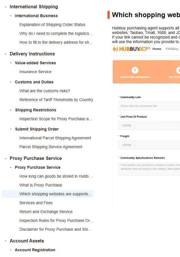 Help centre sidebar listing international shipping with delivery instructions, value-added services, customs and duties, shipping restrictions and submitting a shipping order, followed by proxy purchase service and account assets branches.