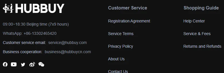 A dark contact panel showing the agent wordmark, office hours in Beijing time, a messaging line, two email addresses and social icons, beside two columns of customer service and shopping guide links.