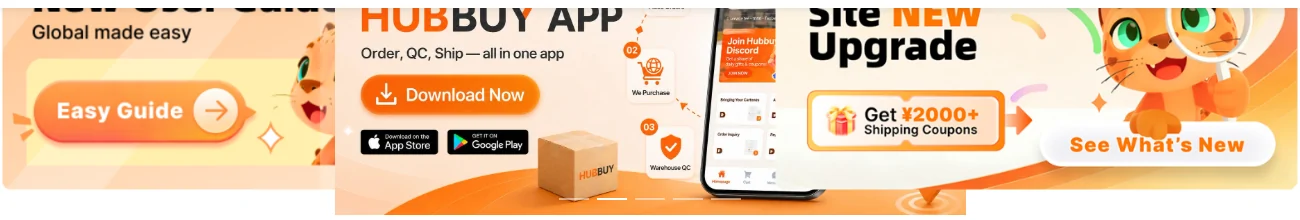 Three promotional panels along the foot of the front page: a guide for new users, download links for the mobile apps, and an upgrade notice carrying a shipping coupon offer.