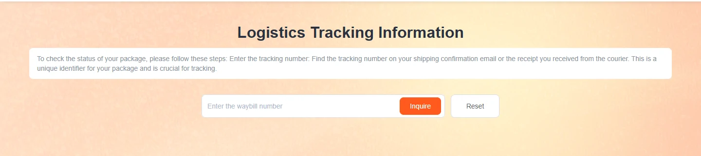 Logistics tracking panel headed tracking information, with instructions on finding a waybill number on a shipping confirmation email or courier receipt, a waybill input, and inquire and reset buttons.