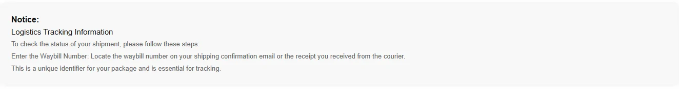 A notice explaining that the waybill number can be found on a shipping confirmation email or a courier receipt, and that it is the unique identifier needed to track the package.