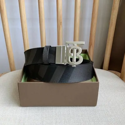 A checked Burberry belt coiled inside an open box, with a silver TB buckle facing up.