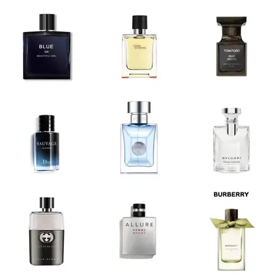 Nine fragrance bottles, some of them still boxed, arranged in a three by three grid on a white background.
