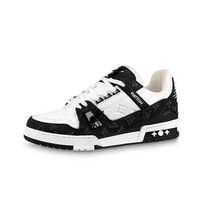 A single black and white Louis Vuitton trainer, photographed from the side on a plain white background.